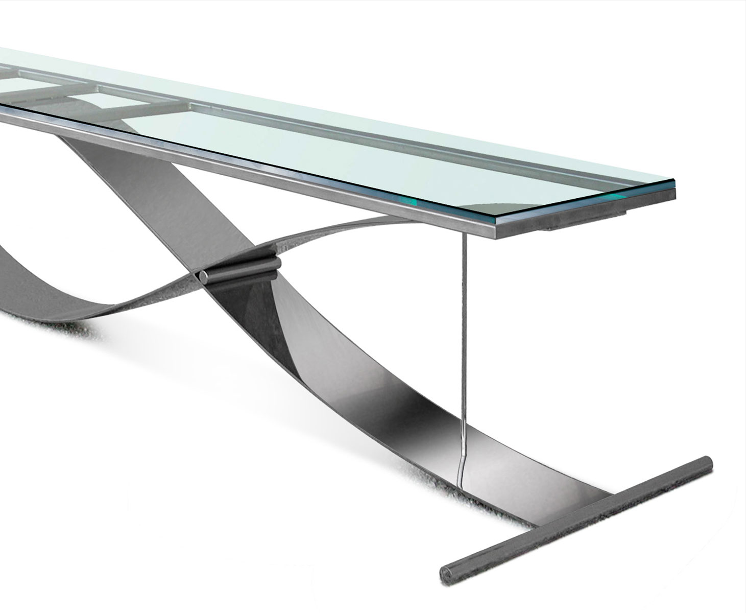 Tavolo con supporto in acciaio inox e superficie in vetro.