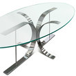 Tavolo con supporto in acciaio inox e superficie in vetro.